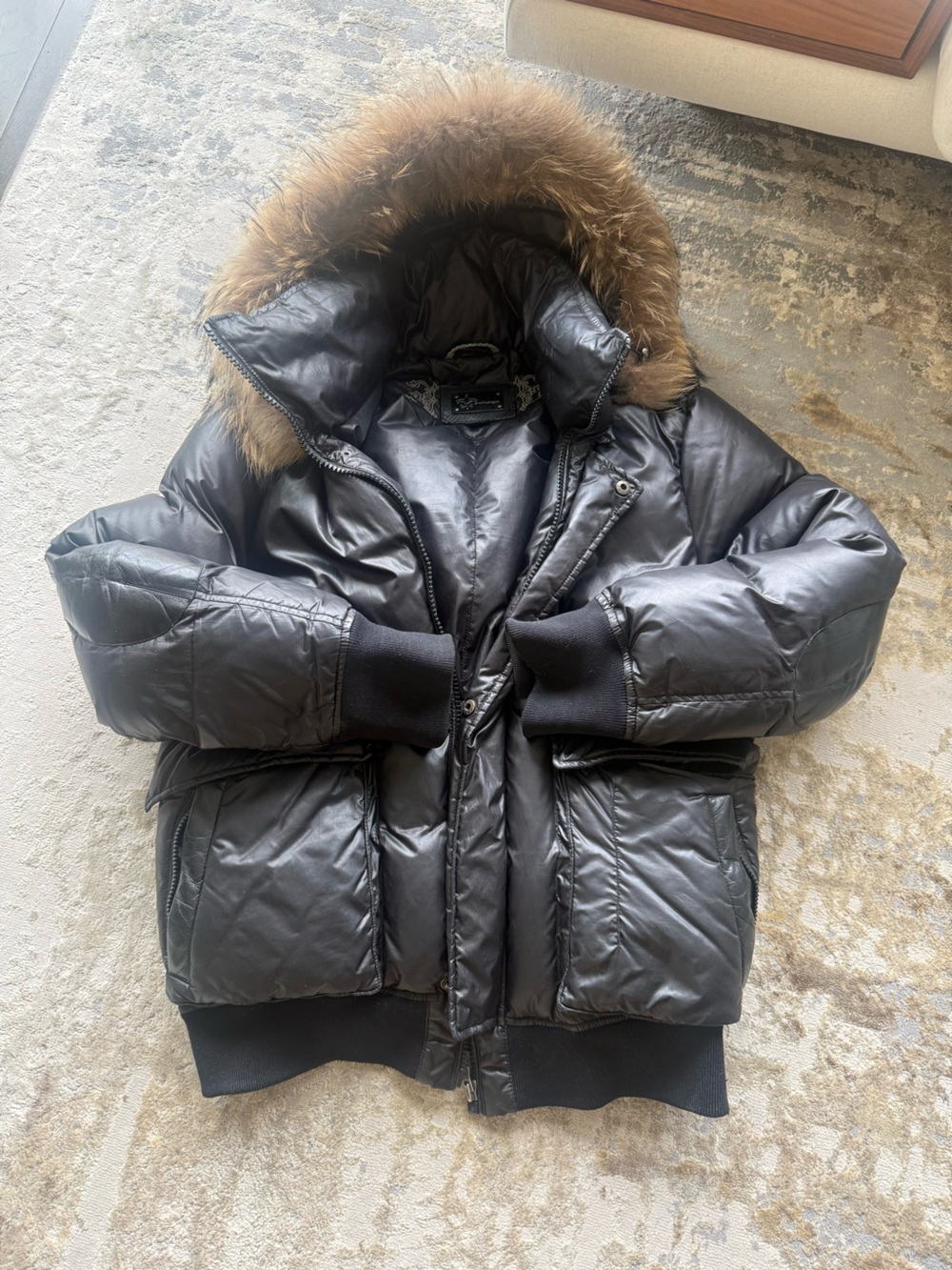 Mackage Black Quilted Puffer Coat with Fur Trim
